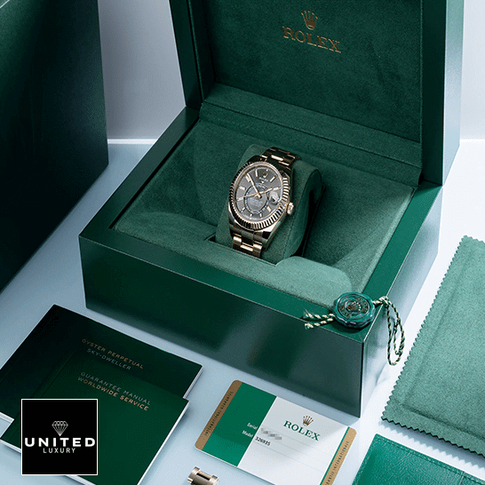 Rolex Sky-Dweller 326935-0007 SRO Automatic Everose Rhodium Dial Oyster Replica 2 Rolex Sky-Dweller 326935-0007 Rhodium Dial Replica & Guarantee Card in the Green Rolex BOX