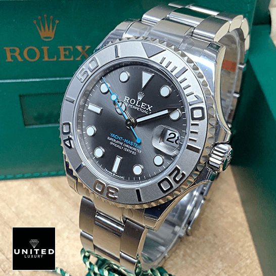 Rolex Yacht-Master 116622-0003 Platinum & Rhodium Dial Replica 13 Rolex Yacht Master 268622 Steel Platinum Grey Dial Replica next to box