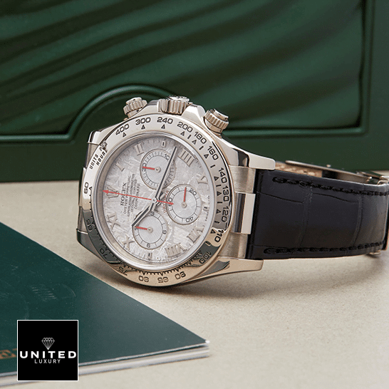 Rolex Cosmograph Daytona White Gold Meteorite 116519LN Replica 9 Rolex Daytona 116519 Meteorite Dial Romen Numerial Replica on the table