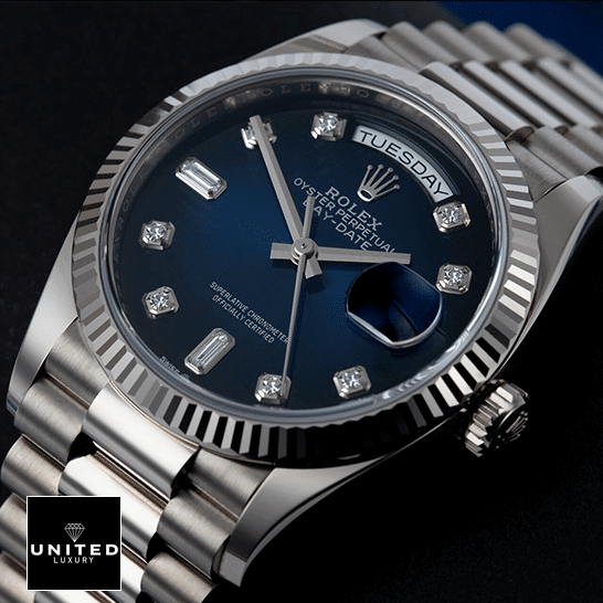 Rolex Day-Date 128239 Blue Dial With Diamond Replica 2 Rolex Day-Date 36 7118-1200R-01 Replica Stainless Steel Bezel