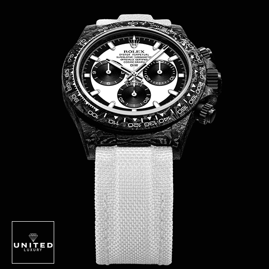 Rolex Daytona Carbon Cosmograph Cream Dial 4130CR Replica 1 Rolex Daytona Carbon Cream Textile Bracelet 4130cr Replica Black Background