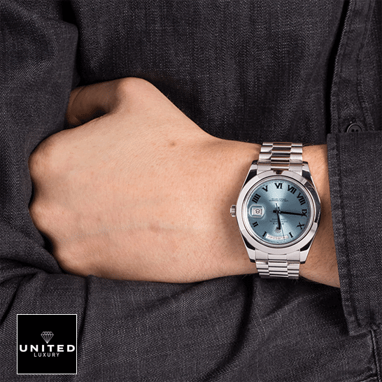 Rolex Roman Numerals Replica 1 Rolex Day-Date II Stainless Steel 218206 Oyster Replica on his arm