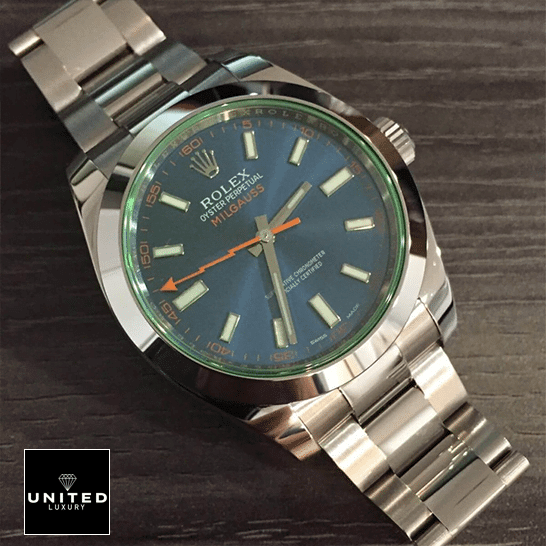 Rolex Milgauss 116400GV-0002 Blue Dial Replica 10 Rolex Milgauss 116400GV-0002 Green Sapphire Crystal and Blue Dial Oyster Replica on the table