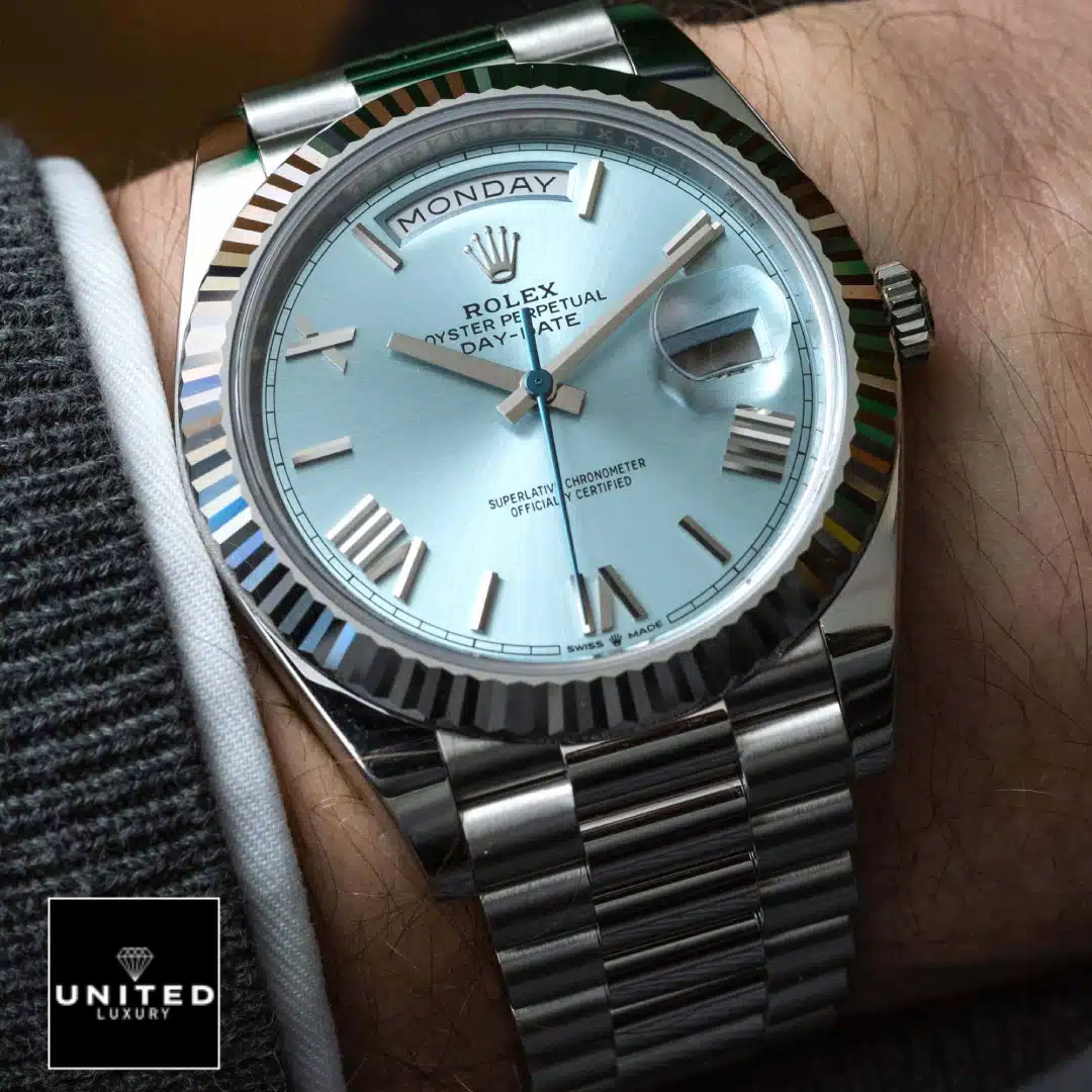 Rolex Day Date Ice Blue Grooved Replica 1 Rolex Day Date 228236 Ice Blue Grooved Replica on is arm