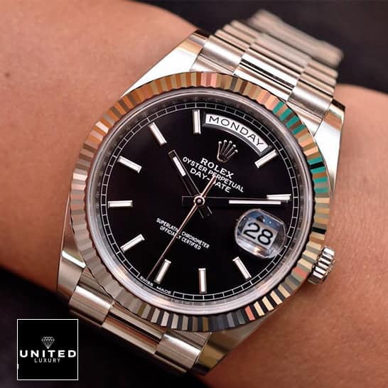 Rolex Day-Date Fluted Replica 4 Rolex Day-Date 118239 Black Dial Replica on his arm