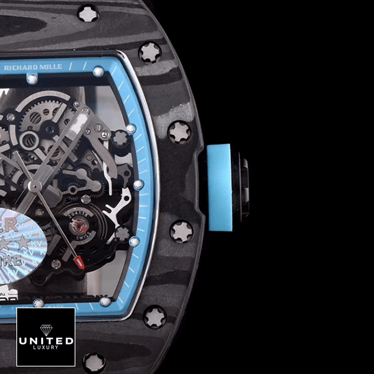 Richard Mille Skeleton Replica 2 Richard Mille RM055 KVV2 Carbon Case Blue Skeleton Dial Replica black bakground