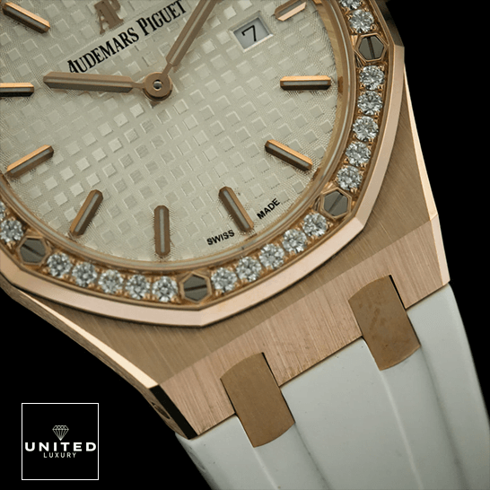 Audemars Piguet Royal Oak 67540OK.ZZ.D010CA.01 Replica 1 Audemars Piguet Diamond Bezel White Dial & Rubber Bracelet Repli black background