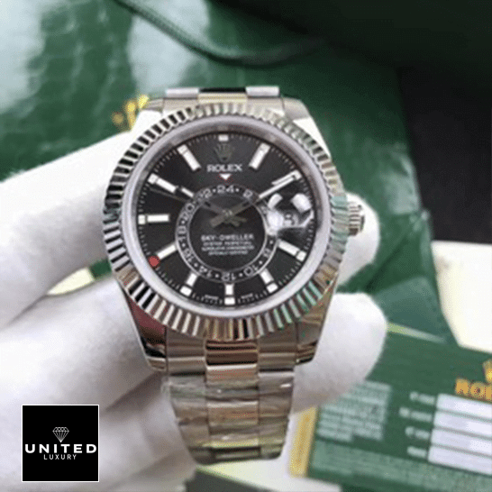 Rolex Sky-Dweller 326934 Black Dial Oyster Replica 2 Rolex Sky-Dweller Black Dial 326934 Fluted Bezel Oyster Replica