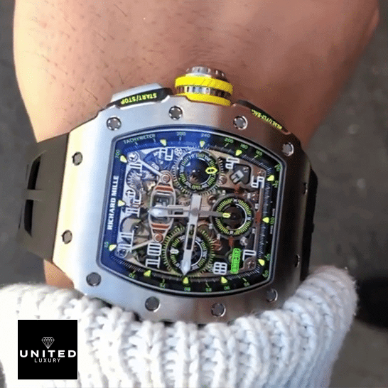 Richard Mille Titanium Replica 1 Richard Mille RM 01103 Grey Bezel Black Bracelet Replica on the wrist