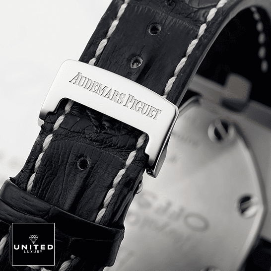 AP Panda Replica 5 Audemars Piguet Black Leather Bracelet Steel Clasp Replica upside view