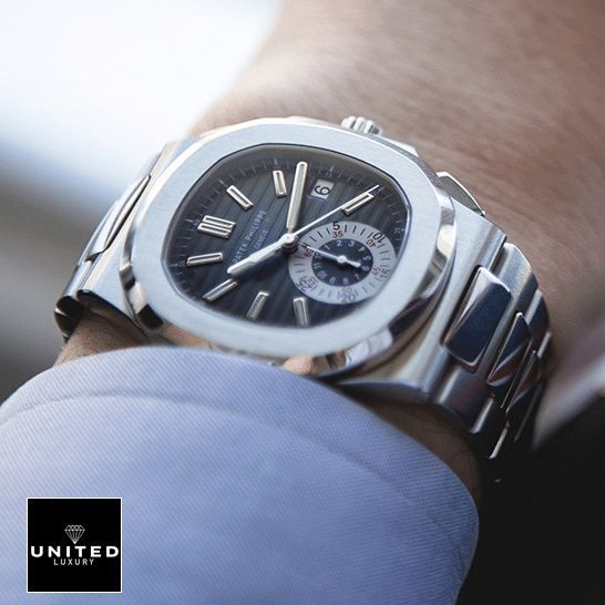 Patek Nautilus Blue Silver Replica 4 Patek Philippe Nautilus Blue Dial Steel 59801A-001 Replica on the man wrist