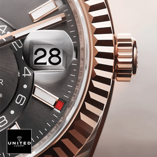 Rolex Sky-Dweller 326935-0007 SRO Automatic Everose Rhodium Dial Oyster Replica 5 Rolex Sky-Dweller 326935-0007 Everose Fluted Bezel Replica & Fluted Crown Pusher