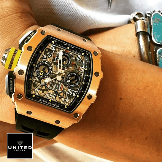 RM Rose Gold Flyback Replica 5 Richard Mille RM01103 Rose Gold Flybac Replica on the wrist