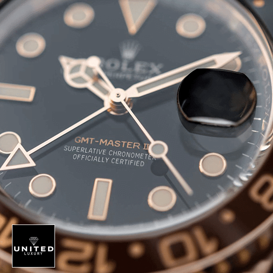 Rolex GMT-Master II 126715CHNR-0001 Rose Gold Automatic Black Dial Oyster Replica 5 Rolex GMT-Master II 126715CHNR-0001 Replica dial is black with stick and dot indices