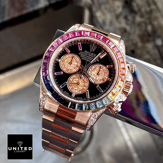 Rolex Daytona Cosmograph 116519 Rainbow & Black Dial Replica 3 Rolex Daytona Cosmograph Rainbow Bezel Black Dial 116519 Oyster Replica