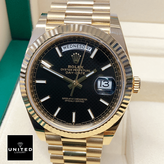 Rolex Day-Date Gold Black 228235 EW Replica 1 Rolex Day-Date 228235 Stick indices Replica in the Rolex box