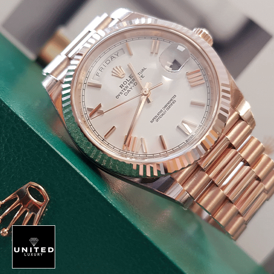 Rolex Day-Date 228235 KW Rose Gold White Dial Replica 3 Rolex Day-Date 228235 White Dial Romen Numerial Replica on the Rolex Box