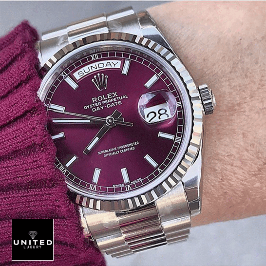 Rolex Day-Date 36 White Gold 118239-0304 Replica 1 Rolex day-date purple stainless steel replica on the wrist