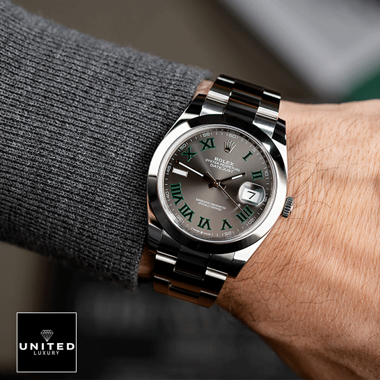 Wimbledon Rolex Replica Watch 2 Rolex Datejust Wimbledon 126300-0013 Grey Dial Romen Numerial Replica on his arm