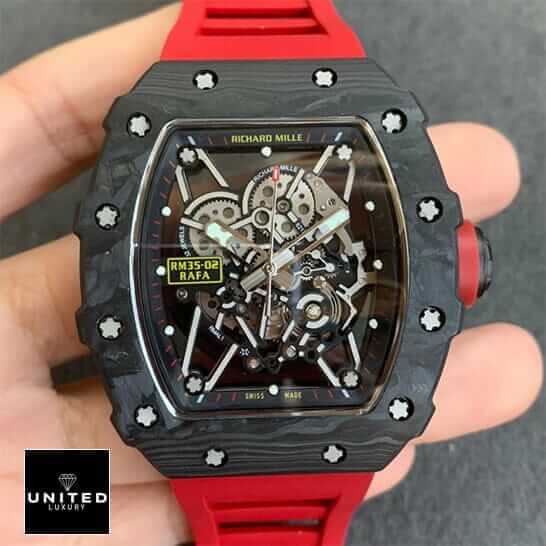 RM3502 Red Carbon Replica 6 Richard Mille RM3502 Black Bezel Red Rubber Bracelet Replica on the hand