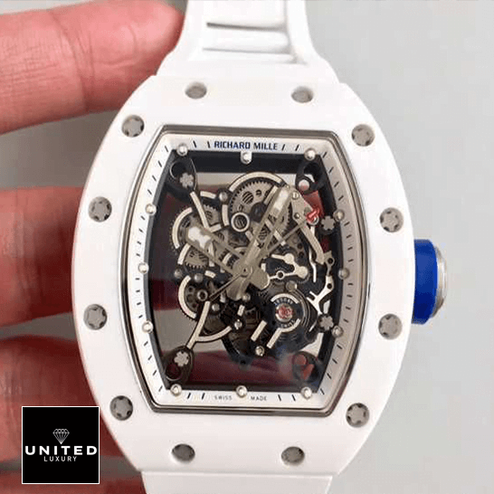 Bubba Watson Watch Replica 1 Richard Mille RM55 White Ceramic Black Dial Replica blue crown / push button