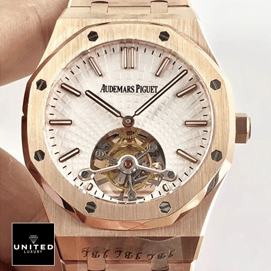 Audemars Piguet Royal Oak Tourbillon 20180803AP004 Replica 1 Audemars Piguet Royal Oak Tourbillion White Dial Rose Gold Case Replica on the hand