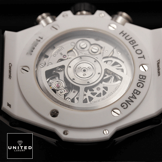 Hublot Big Bang Unico Replica 5 Hublot Big Bang 411.HX_.1170.RX White Case Replica upside view black background