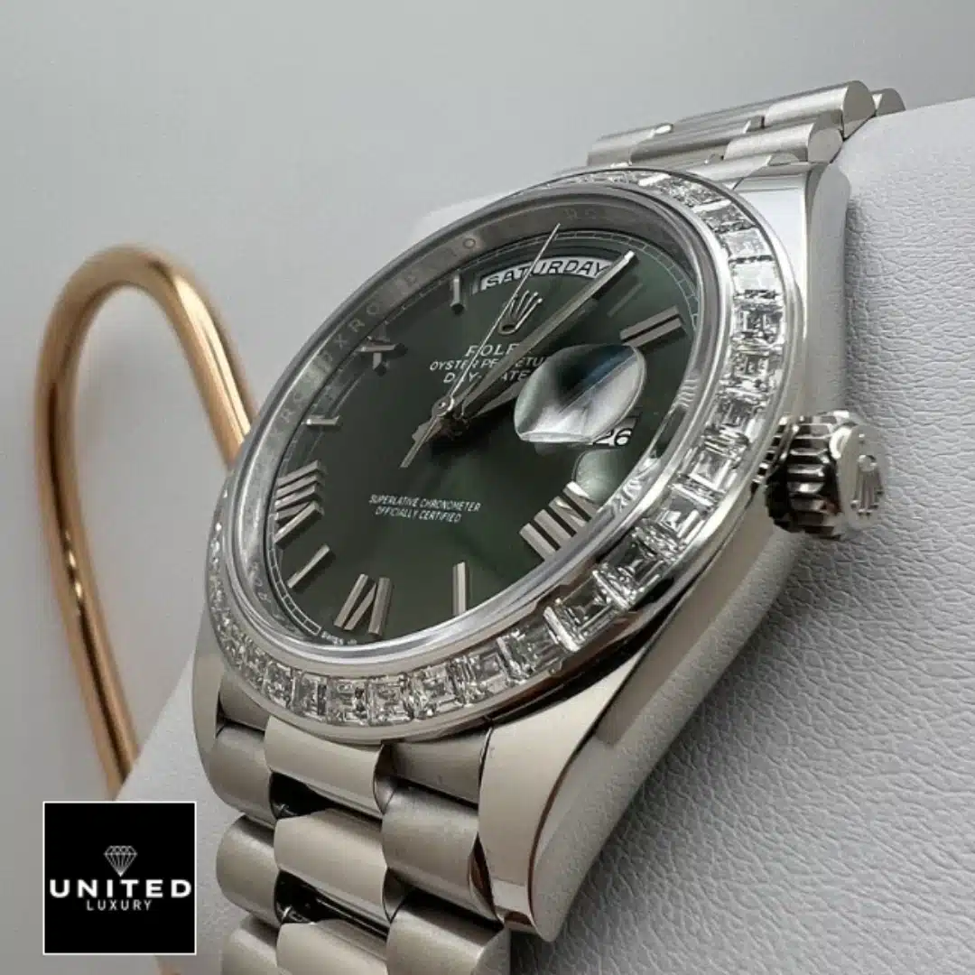 Rolex Day Date Olive Diamond Replica 5 Rolex Day Date 228349RBR Replica Right Side Stainless Steel Crown Pusher